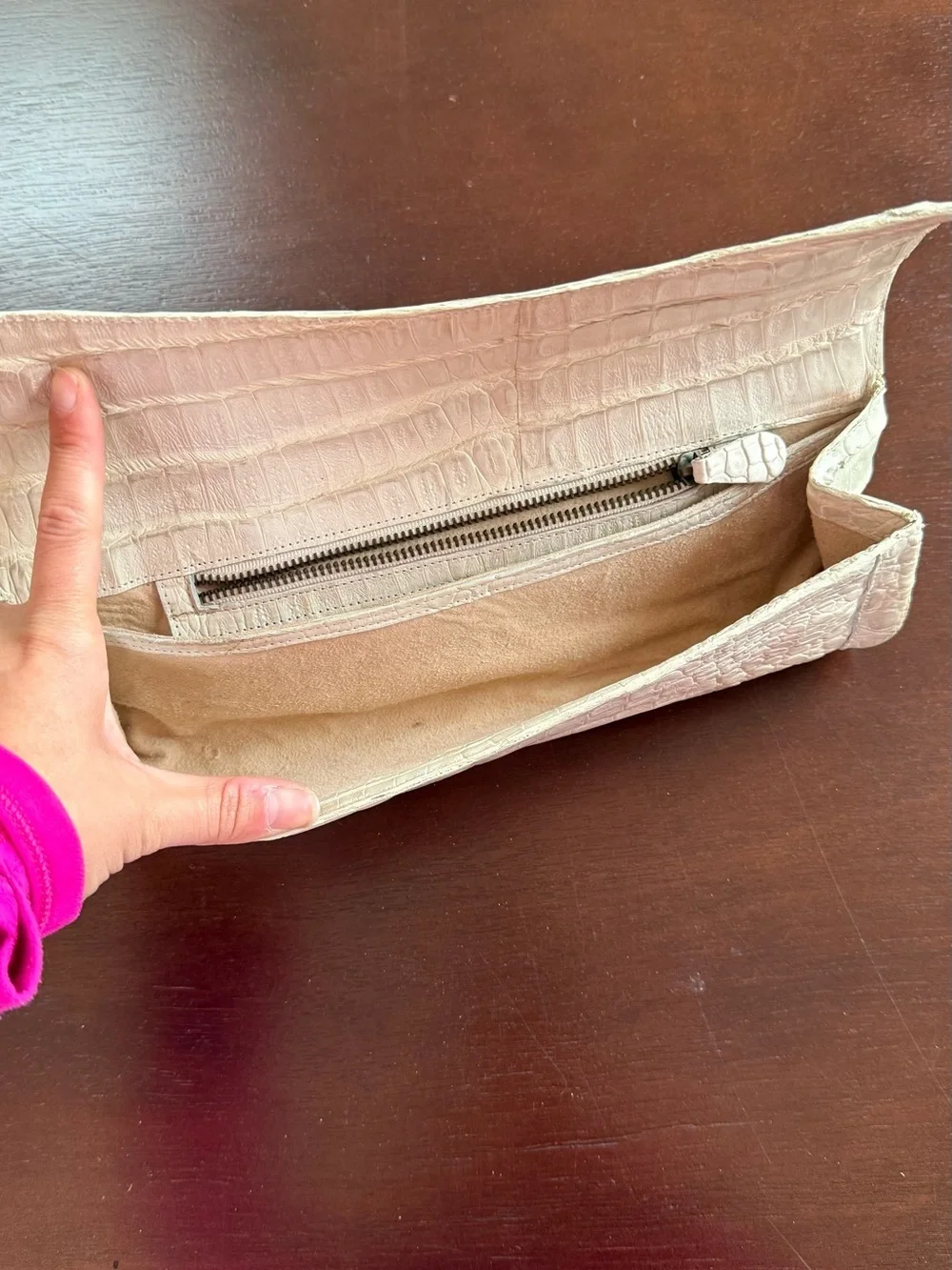 Croc-Embossed Cream Fold-Over Clutch